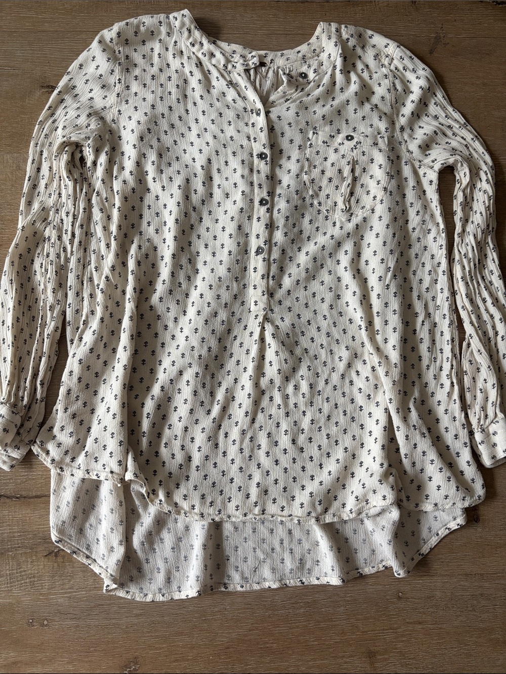 Free People Cream Button-Front Long Sleeve Blouse with Black Print